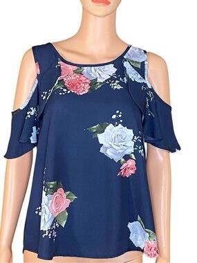Live 4 Truth Navy Sleeveless Top Pink White Rose Print Soft Ruffle Detail SZ L